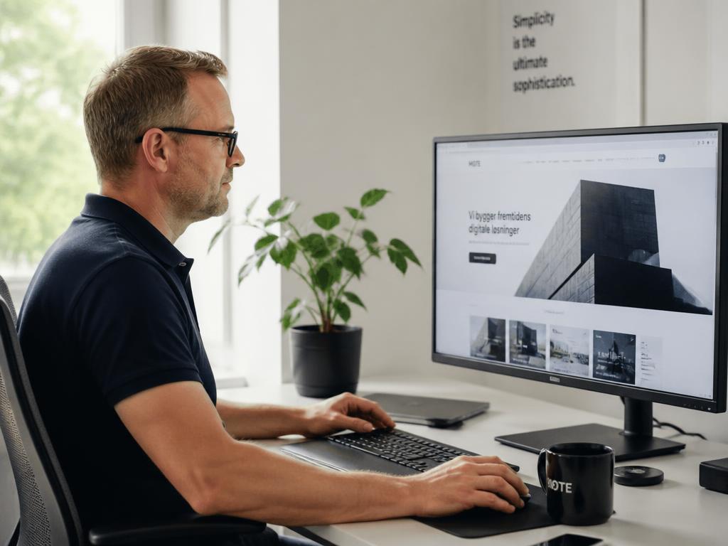 Webdesigner hos Hjemmesidehuset arbejder ved skrivebord